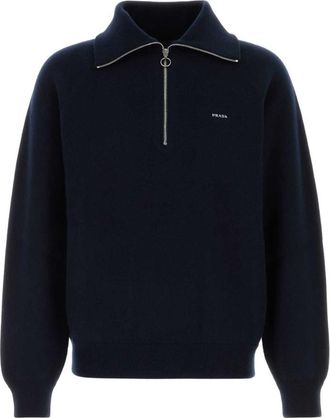 Prada Blue Half Zip Logo Sweater