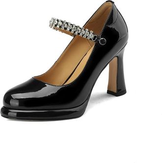 Generic Womens Patent Leather Round Toe High Heels Patent Leather Upper with Rhinestone Decor Slip On Cushioned Insole Durable Non-Slip Evening Shoes,Black,4.