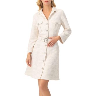 Ivonne Tweed Belted Button Down Dress in Natural at Nordstrom, Size 14