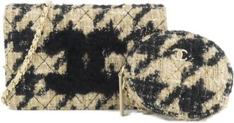 Chanel Gold Beige Black Tweed Chain/Shoulder Wallet (Pre-Owned)