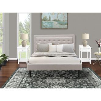 East West Furniture FN08Q-2DE05 3-Pc Platform Queen Bedroom Set with 1 Upholstered Bed and 2 Nightstands - Mist Beige Linen Fabric