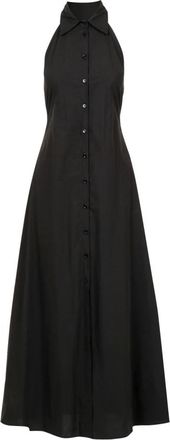 Erika Cavallini Semi Couture Zwarte overhemdjurk met splitten - Dames - Maxi kleedjes - Zwart - S - Katoen - Kleedjes