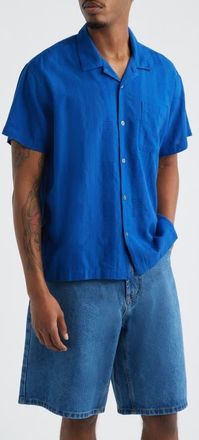 Obey Samuel Texture Stripe Camp Shirt in Dazzling Blue Multi at Nordstrom, Size Medium