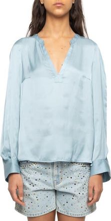 Zadig&Voltaire Torny Satin Split Neck Top in Sky at Nordstrom, Size X-Small