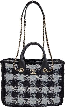 Chanel Blue White Tweed Leather Tote Bag (Pre-Owned)