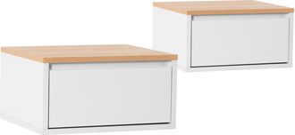 HOMN Juego 2 mesitas de noche flotante 1 caj&oacute;n color blanco/roble