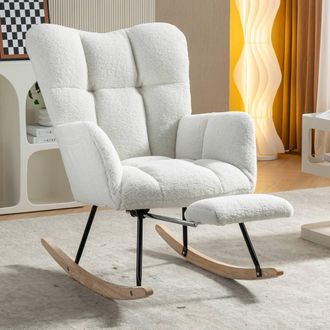 Direct Wicker Teddy Fabric Tufted Upholstered Rocking Chair with Pull-out Footrest in White | Size: 1 Pack