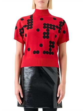 Akris Womens Dot Grid Jacquared Knit Sweater Top In Vermillion/black