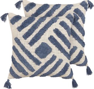 Beliani Conjunto De 2 Cojines De Algod&oacute;n Azul Beige 45 X 45 Cm Borlas Relleno Jacaranda