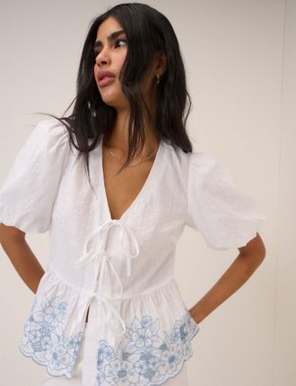 Nobody's Child White Floral Embroidered Blouse