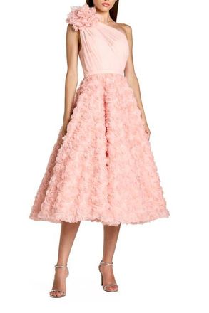 Mac Duggal Lace One Shoulder 3D Flower A Line Midi Dress in Blush at Nordstrom, Size 12