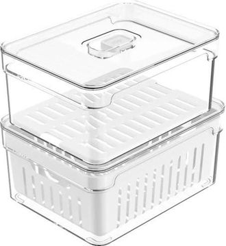 Ou Clear Stackable Fridge Organizer Bins with Drain Basket, Flat Tray and Vented Lids, 2 Pack - 2.3 Quart Each in Clear With White Drainer at