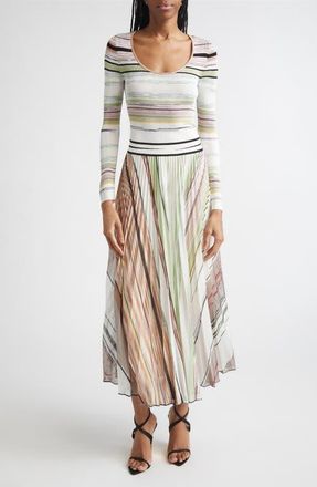 Missoni Flame Space Dye Stripe Pleated Long Sleeve Knit Dress in Green Brown Tones at Nordstrom, Size 10 Us