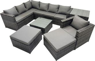 Fimous Fimous Rattan Garden Furniture Patio Furniture Sets with Corner Sofa Chair Square Coffee Table 2 Big Footstools Side Table Dark Grey Mixed