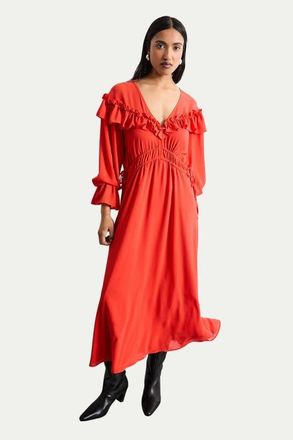 Warehouse Ruffle Shoulder Detail Boho Maxi Dress in Red at Nordstrom, Size 10