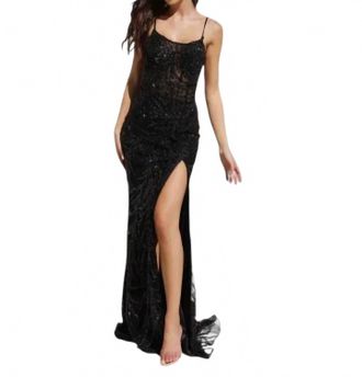 Primavera Scoop Neckline Beaded Sheath Slit Dress In Black