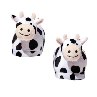 Vosarea Warm Cotton Cartoon Cow Slippers with Sturdy Anti-slip Sole, Fluffy Indoor Winter Footwear for Girls and Women, Black and White