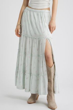 BP. Tiered Linen Blend Crinkled Gauze Maxi Skirt in Green Cherie Blossom at Nordstrom, Size Xx-Small