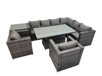Fimous 8 Seater Rattan Height Adjustable Rising Lifting Table Corner Sofa Set in Dark Grey