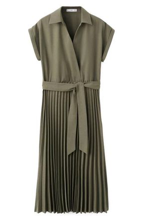 Mango Pleated Tie Waist Maxi Shirtdress in Khaki Green at Nordstrom, Size 2