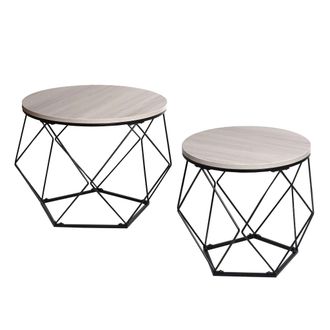Hhg Nunca Usado] Juego De Mesa De Centro Hhg 466, Mesa De Centro Mesa Auxiliar Mesa De Sal&oacute;n, Metal Madera, Roble Aspecto Gris