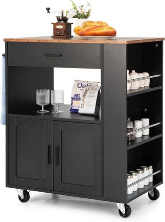 Costway Carrito De Cocina Con Ruedas, Armario De Sevicio Rodante Con 3 Estantes Abiertos Y Un Caj&oacute;n, Armario Grande De 2 Puertas, Carrito De Almacenamiento Co