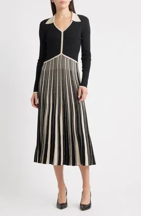 ZOE AND CLAIRE Stripe Long Sleeve Pleated Sweater Dress in Black/Ivory at Nordstrom, Size Medium