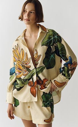 Farm Rio Linen Printed Buttondown Shirt