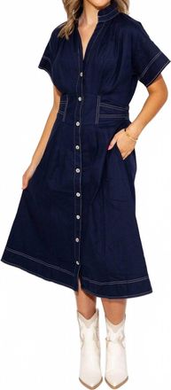 THML Clothing Cinched Waist Button-Down Midi Dress In Navy