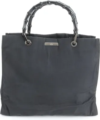 Gucci Bamboo Black Leather Nylon Handbag Tote Bag (Pre-Owned)