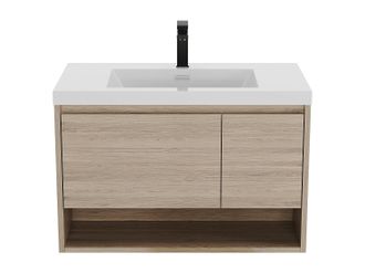 Vente-Unique Mueble de baño suspendido con lavabo simple color natural claro con grifo - 90 cm - PUJUKA