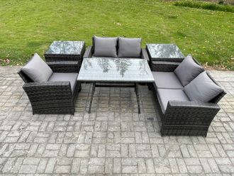 Fimous Wicker PE Rattan Garden Dining Set Outdoor Furniture Sofa with Rectangular Dining Table Love Seat Sofa 2 Side Tables in Dark Grey