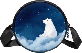 Generic Circle Crossbody Bag for Women, Starry Sky Polar Bear Small Sling Bag Daypack with Zipper Adjustable Shoulder Straps Casual Ladies Girls Round Purse