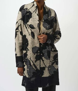 Joseph Ribkoff Alessia Abstract Jacquard Sweater Knit Long Cardigan In Black/champagne