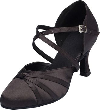 Minitoo Womens Latin Salsa Ankle Strap Closed Toe Satin Dance Shoes L117A Black UK 2.5