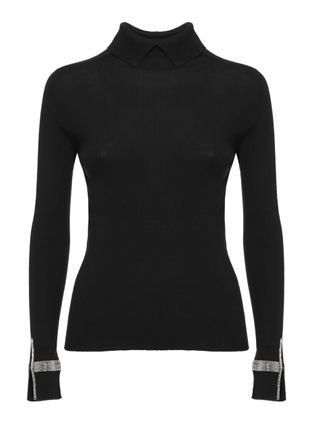 D.exterior Black High Neck Ribbed Embellished Cuffs Wool Sweater
