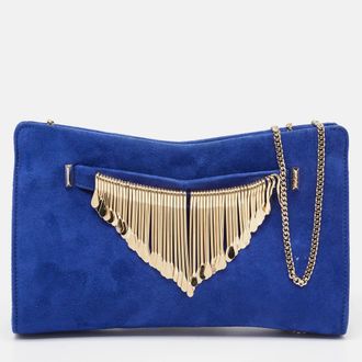 Jimmy Choo London Blue Alcantara Fringe Bracelet Venus Chain Clutch