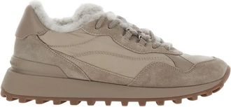 Brunello Cucinelli Leren sneakers met schapenvachtdetails - Dames - Sneakers - Grijs - 38 EU - Leer - Schoenen