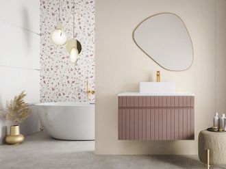 Vente-Unique Mobile per bagno sospeso scanalato con lavabo da appoggio 80 cm Rosa - SATARA