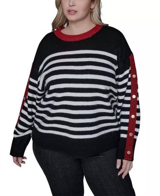 Karl Lagerfeld Womens Striped Sweater With Button Cuff Detail In Black White Maroon