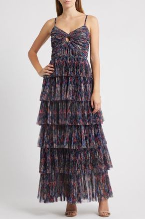 Hutch Floral Gathered Tiered Evening Gown in Navy Garden at Nordstrom, Size 10