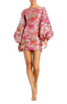 Mac Duggal Brocade Floral Balloon Sleeve Mini Dress in Pink Multi at Nordstrom, Size 4