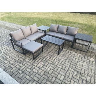 Fimous Fimous Aluminium 6 Pieces Outdoor Garden Furniture Lounge Sofa Set with Oblong Coffee Table Big Footstool 2 Side Tables Dark Grey