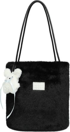 Generic Winter cute faux plush bag womens hand-held large-capacity shoulder bucket bag(black)