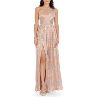 Dress The Population Kienna Metallic Cutout Detail One-Shoulder Gown in Beige-Bronze at Nordstrom Rack, Size X-Small