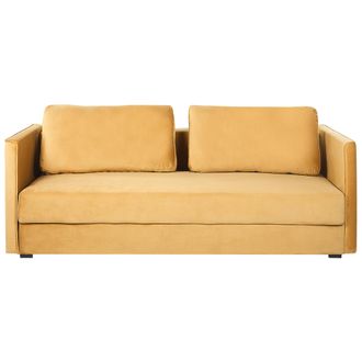 Beliani Sof&aacute; Cama 3 Plazas De Terciopelo Amarillo Mostaza Almacenaje Convertible Eksjo