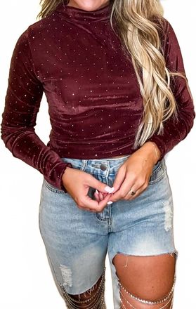 Very J Stone Velvet Sparkle Fitted Top In Burgundy