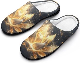Generic Gold Luminous Lotuses Floral Womens Slippers Warm House Slippers Indoor House Shoes with Anti-Skid Rubber Sole