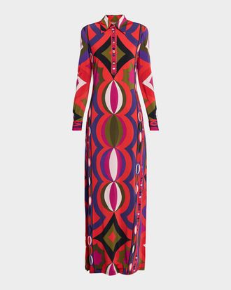Pucci Collane-Print Jersey Long-Sleeve Maxi Shirtdress