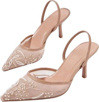 Generic Women Wedding High Heel Pumps Mesh Embroidered Floral Back Strap Dress Shoes Apricot